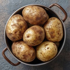 Overhead shot of russet potatoes in a steel pot ready for cooking - view shadow top simple