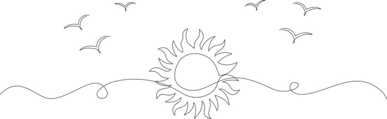 Sun and birds continuous one line art vector illustration on transparent background
