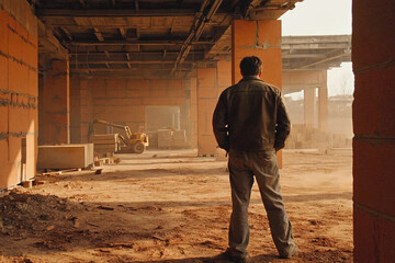 Engineer constructing site, man in helmet uniform, columns walls. AI Generative