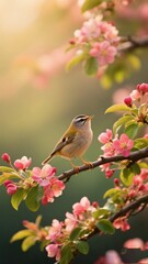 Bird Perched on a Blossoming Branch