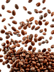 Naklejka premium Coffee beans falling in the air isolated on a white background. Coffee beans flying.