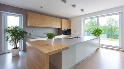 Modern minimalist kitchen with island counter, bathed in natural light. Contemporary simplicity meets functional elegance.
