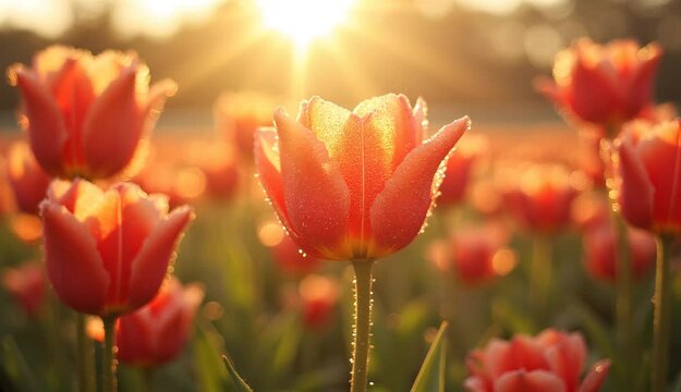 Sunlit Tulip Meadow in Golden Light &ndash; Cinematic 4K Nature Scene with Dew & Breeze