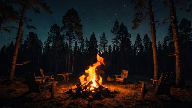Cinematic Campfire in Dense Forest &ndash; 4K Realistic Fire Animation with Embers & Night Sky