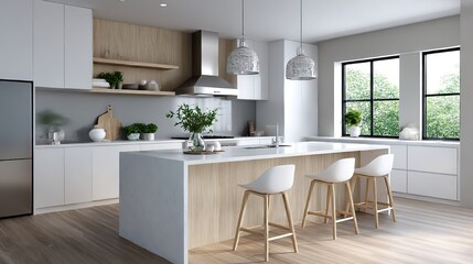 Modern minimalist kitchen with island counter, bathed in natural light. Contemporary simplicity meets functional elegance.
