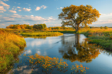 Fototapeta premium The peaceful and picturesque scene captures the beauty of a winding river flowing through a serene rural landscape, mirroring the vibrant hues of the sky and surrounding trees in its tranquil waters 