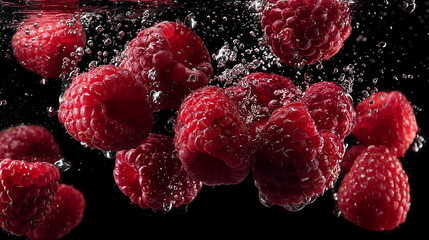 Fresh and Moist: Raspberries Floating in Mid-Air