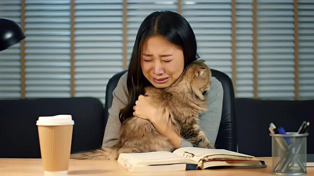 Upset young Asian businesswoman finds emotional support hugging her furry persian cat while crying at her office desk.