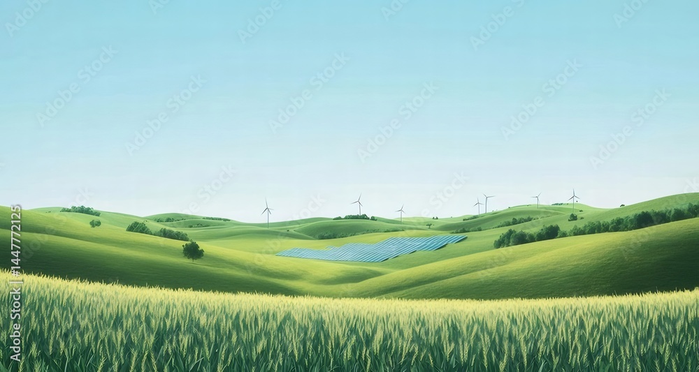Poster 緑豊かな丘陵地帯の田園風景 広々とした青い空の下 広大な草地と静寂の自然美のパノラマビュー