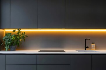 モダンキッチンインテリアデザイン黒いキャビネット白いカウンタートップ明るい照明と植物のクローズアップ