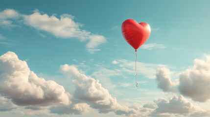 Red Heart Balloon Soaring Above Clouds in a Clear Blue Sky