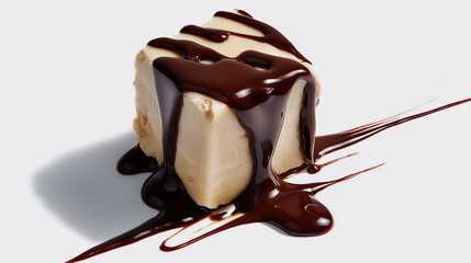 Melted Delight: A Chunk of Fudge with Dripping Chocolate on a White Canvas