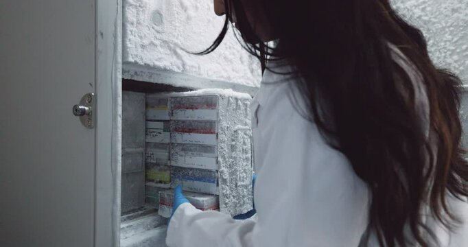 Indian female scientist removing medical samples from a -80deg fridge  in a laboratory