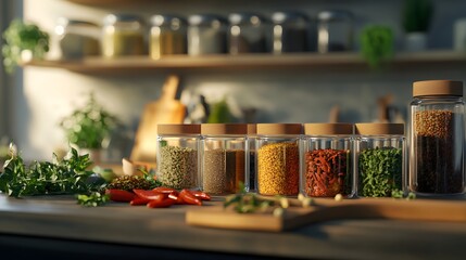 A well-organized kitchen counter featuring an array of spices and herbs in glass jars for culinary enthusiasts and chefs