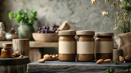 Artisan jars of organic nut butter beautifully displayed alongside fresh flowers for a charming kitchen scene