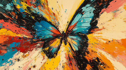 Abstract painting of butterfly with vibrant blue, yellow, orange, and red paint strokes, showcasing dynamic energy and artistic expression