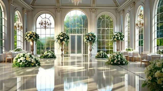 Elegance in Architecture: A grand hall bathed in natural light, adorned with floral arrangements, epitomizing architectural elegance. With its symmetrical design and expansive windows.
