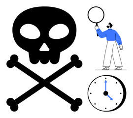 Human figure lifting circle near bold skull and crossbones icon, accompanied by clock with blue hands. Ideal for danger, time, death, analysis, warning, visual storytelling, simple landing page