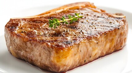 A perfectly seared and juicy grilled steak rests on a pristine white plate garnished with a sprig of fresh thyme ready to be devoured.