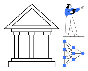 Classical pillar structure, modern neural network diagram, woman holding tablet pointing toward progress. Ideal for AI in governance, fintech, innovation, technology impact, research, automation