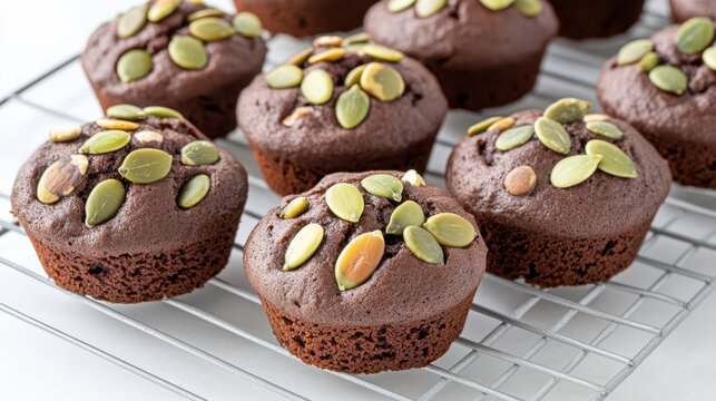 Delectable Chocolate Muffins: A close-up shot showcases an array of tempting chocolate muffins, each generously adorned with vibrant pumpkin seeds, offering a tantalizing visual and culinary delight.