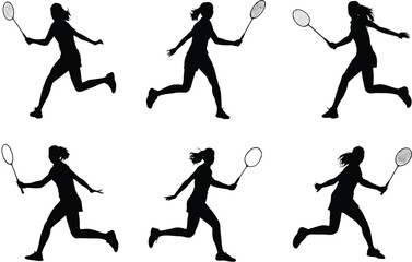 Set of female badminton player silhouette isolated on white background