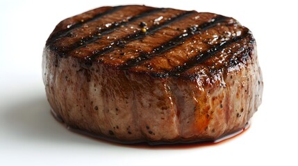 A perfectly grilled beef steak sits on a white background showcasing its delicious sear marks and juicy texture.