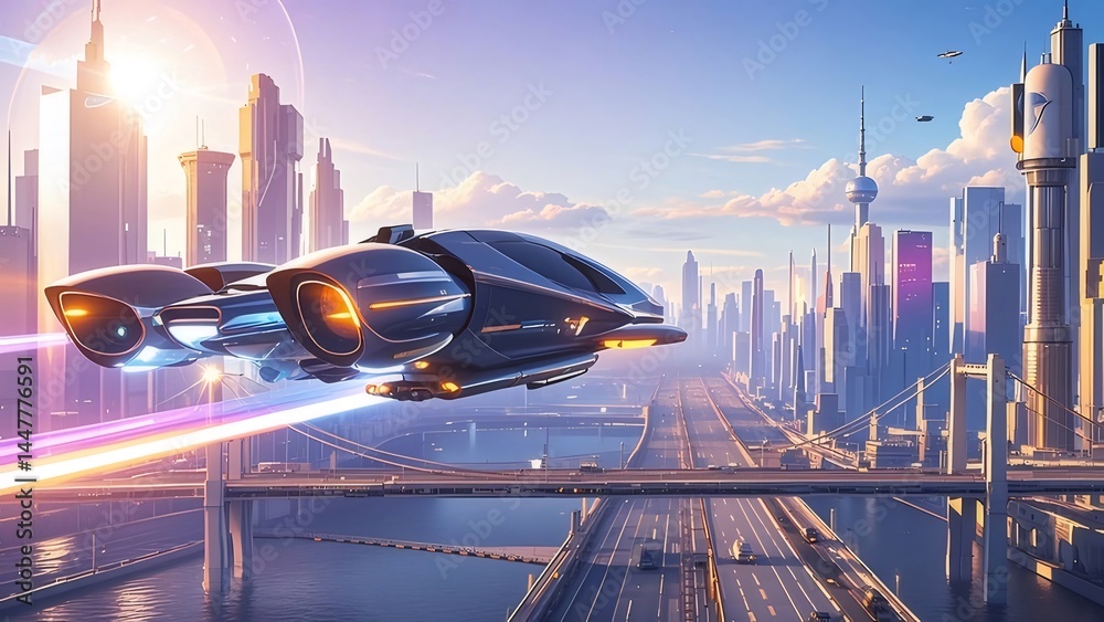 Poster 未来都市を飛行する未来的な飛行機 太陽光と輝く光線が道の上を走る 街並みと高層ビルの風景
