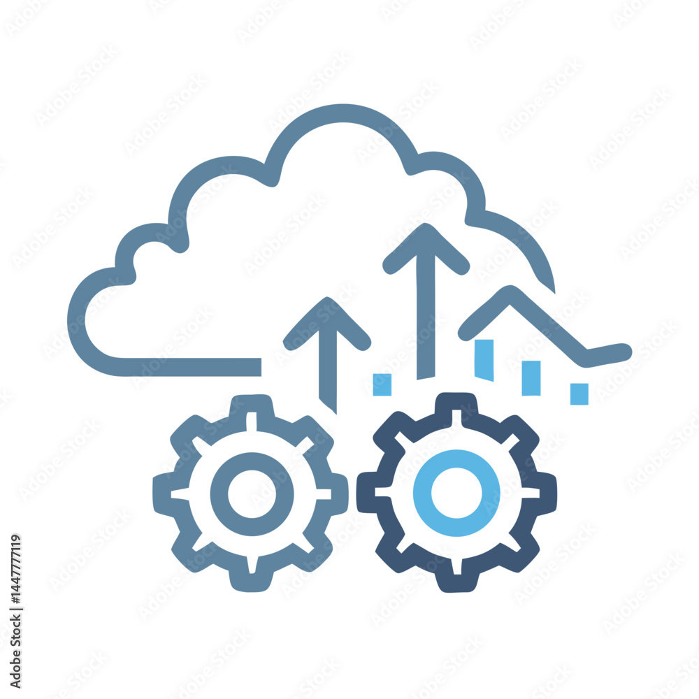 Poster Cloud Analytics with Gear and Uplink Arrow Icon Representing Data Processing and Performance Monitoring