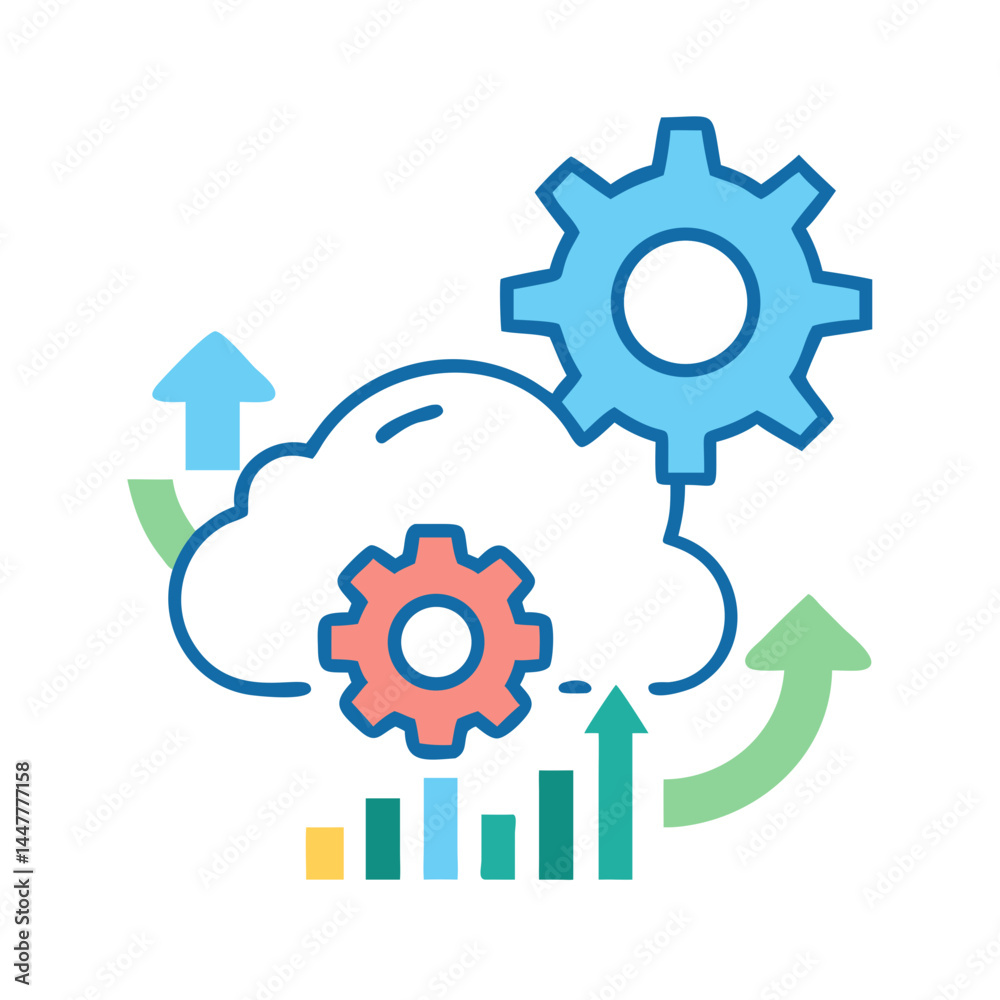 Poster Cloud Analytics with Gear and Uplink Arrow Icon Representing Data Processing and Performance Monitoring