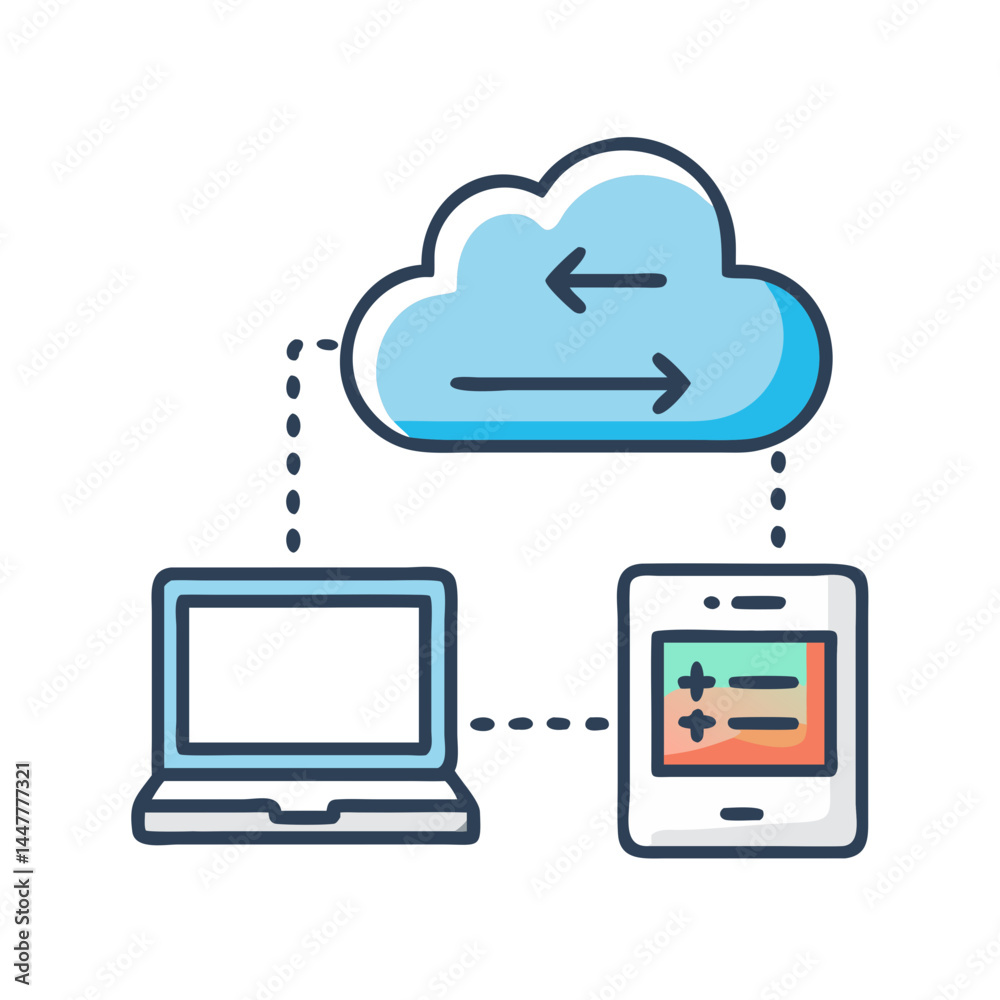 Leinwandbilder Cloud Data Synchronization with Server and Laptop Icon Representing Real-Time Sync and Cross-Device Access