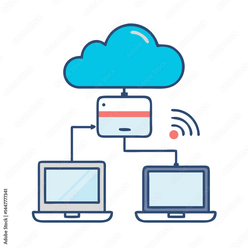 Fototapete Cloud Network Connected to Laptop and Mobile Device Icon Representing Cross-Platform Sync and Remote Access