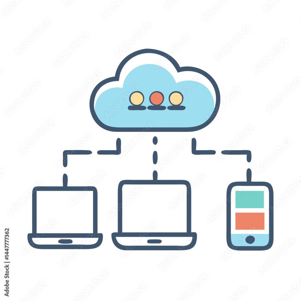 Poster Cloud Network Connected to Laptop and Mobile Device Icon Representing Cross-Platform Sync and Remote Access