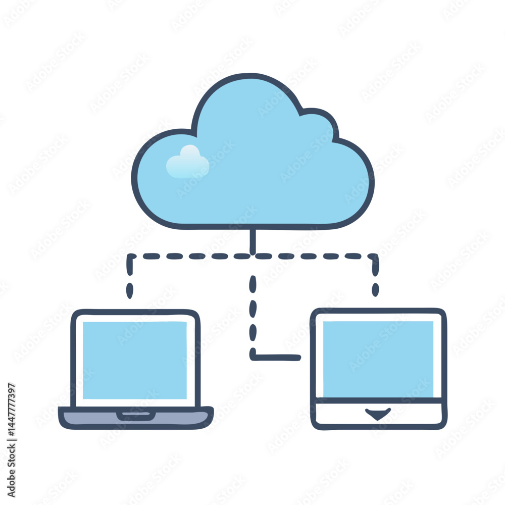 Fototapete Cloud Network Connected to Laptop and Mobile Device Icon Representing Cross-Platform Sync and Remote Access