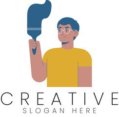 Creative Person Holding Paintbrush Artistic Design Illustration man job blue idea work logo icon    