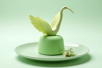 Elegant dessert creation with crane design minimalist setting photography green palette