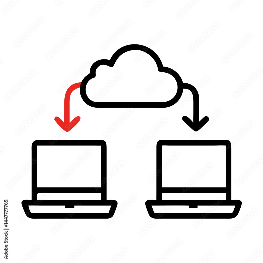 Aufkleber Cloud Uplink Between Laptops Representing File Sharing and Remote Data Transfer Icon
