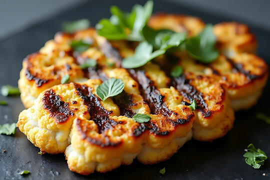 Grilled cauliflower steak kitchen food photography culinary art close-up vegetarian delight