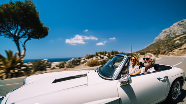 Senior couple traveling in retro car on coastal adventure, seniors passion for movement and joy drives love story, active seniors quietness, copy space for vacation concept