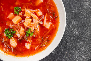 Soup vegetables red borscht first course vegetable dish fresh delicious gourmet food background on the table rustic food top view copy space keto and paleo diet vegetarian and vegan food