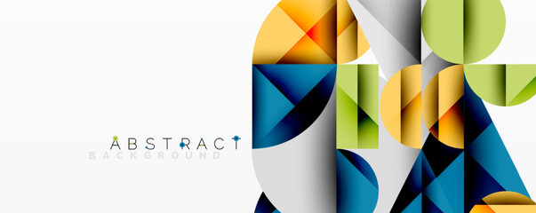 Geometric shapes overlap, creating vibrant color blocks. Modern design features gradients, shadows, clean lines. Minimalist aesthetic.