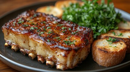 Grilled rib chop with garlic bread and parsley on a dark plate.