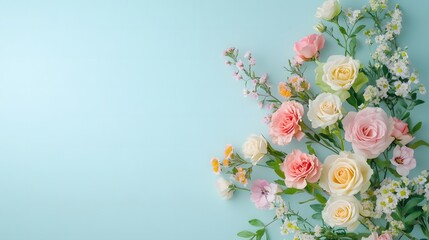 Mother's Day Floral Background with Colorful Spring Flowers on Light Blue