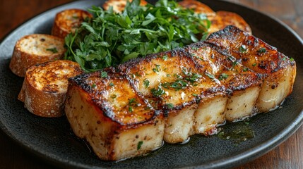 Grilled pork chop served with roasted potatoes and green vegetables on plate.