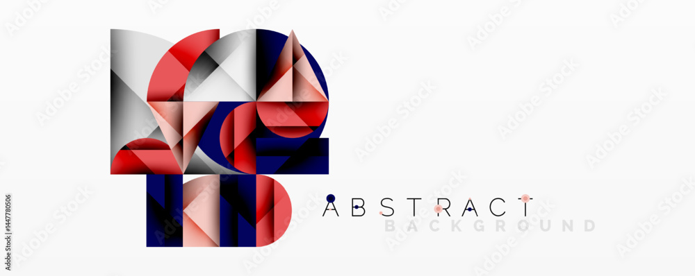 Poster Geometric shapes overlap, creating modern abstract design. Red, blue, gray tones dominate composition. Minimalist style.