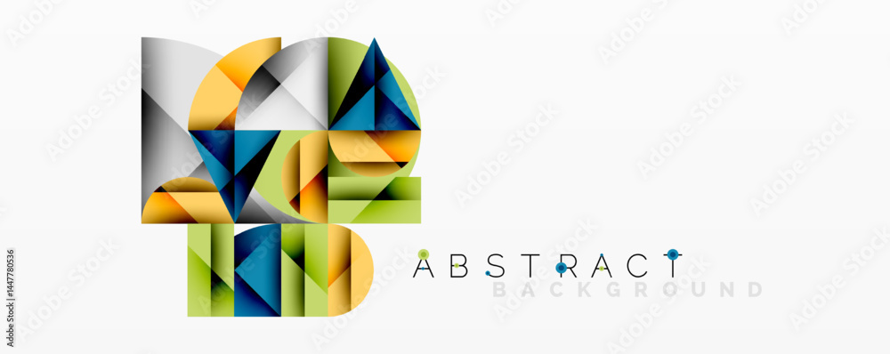 Poster geometric shapes overlap, creating colorful abstract composition. modern design with vibrant hues, g