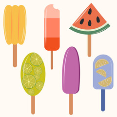 ice cream collection, set of colorful ice creams. frozen juice, ice cream with fruits. Colorful illustrations stickers on summer theme. set for screensavers icons. stickers, cards, ice cream for party