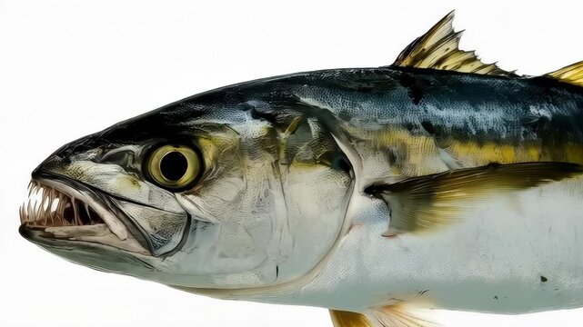 Close-up illustration of a yellowtail amberjack fish with sharp teeth, blue and yellow scales and translucent fins, against white background