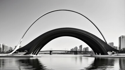 Obraz premium An illuminated pedestrian bridge with a wavy design stretches into the distance under a twilight sky.