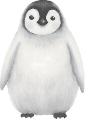 Watercolor illustration of a baby penguin standing on transparent background.